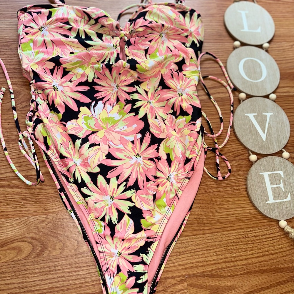 Celebrity Pink Floral One Piece Swimsuit Pink and Yellow